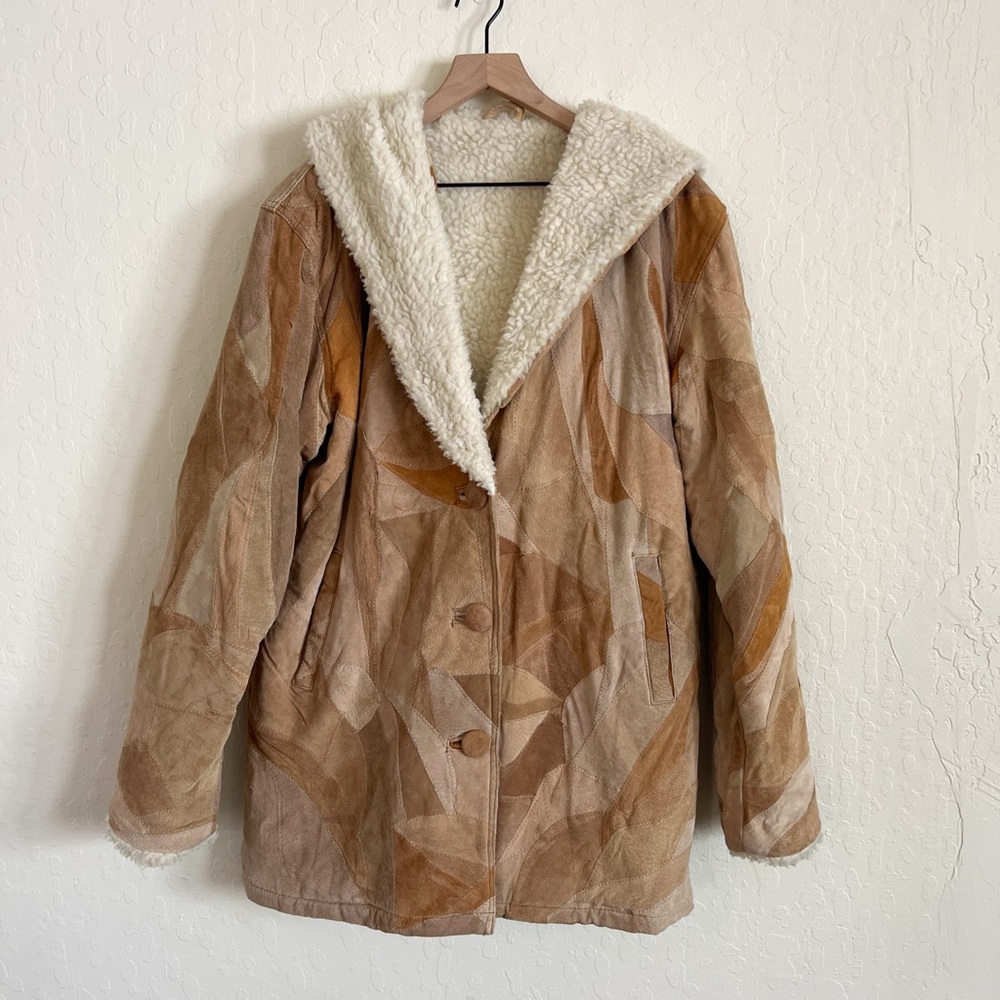 Vintage Suede Leather Patchwork Faux Fur Fleece Lined Hooded Jacket Small Y2K